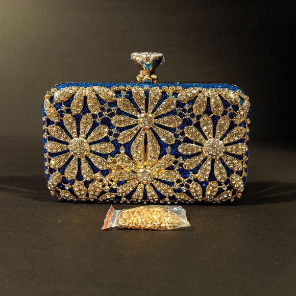 Verano Hill Blue Crystal Floral Clutch Purse with Gold Detailing NWOT - Picture 2 of 5